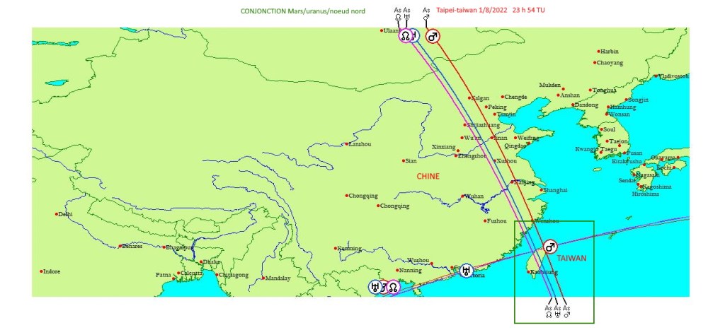 Astro-localisation de la conjonction mars/uranus du 1/8/2022 sur TAIWAN